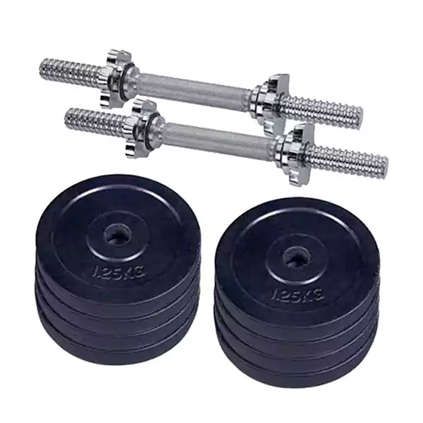 combo plate Combo Pack of Eight Pieces Dumbbell Set With Two Sticks - 10Kg - Black and Silver - Image 1